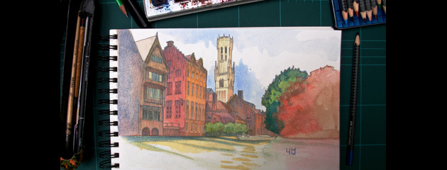 Bruges : Aquarelle et crayon